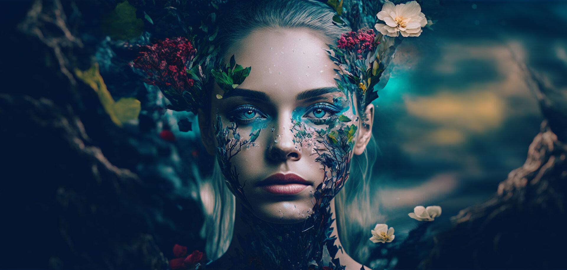 Surreale Frau mit natürlichen Elementen über ihrem Gesicht