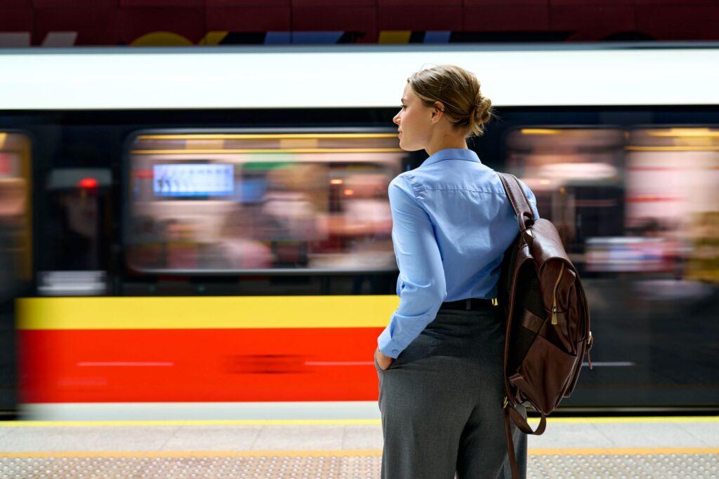 Frau mit Rucksack wartet am Bahnsteig