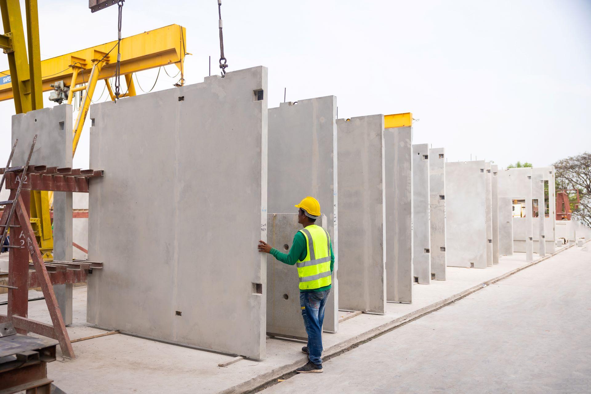 Industriearbeiter mit Helm richtet schwere Betonelemente aus